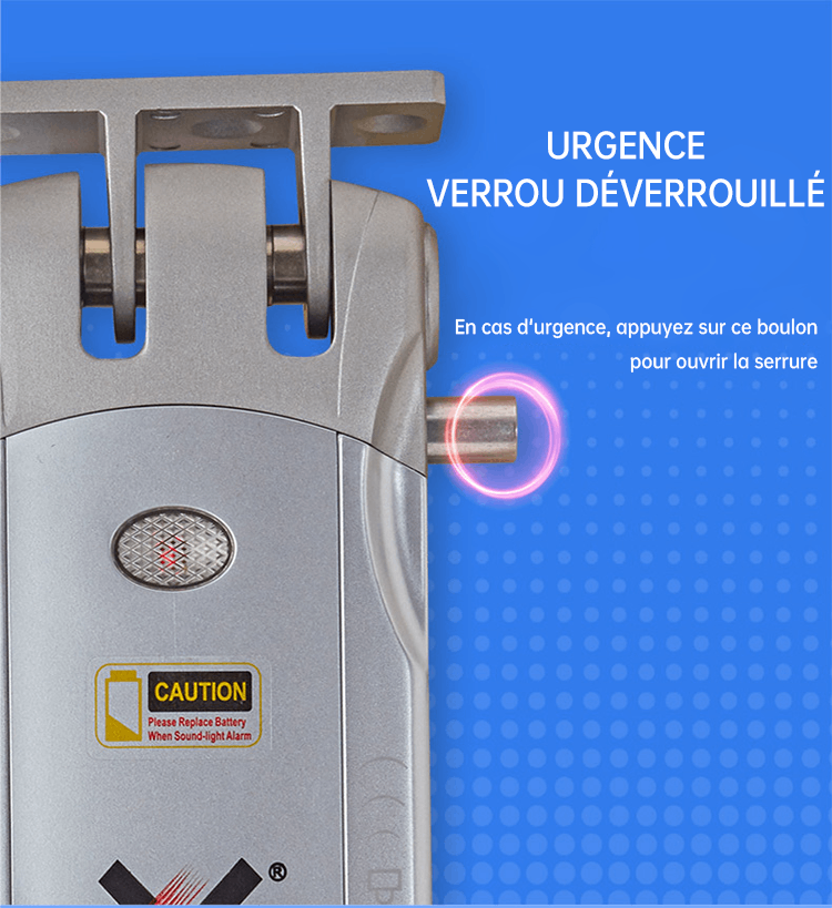 Levier de déverrouillage d’urgence & rappel de changement de batterie