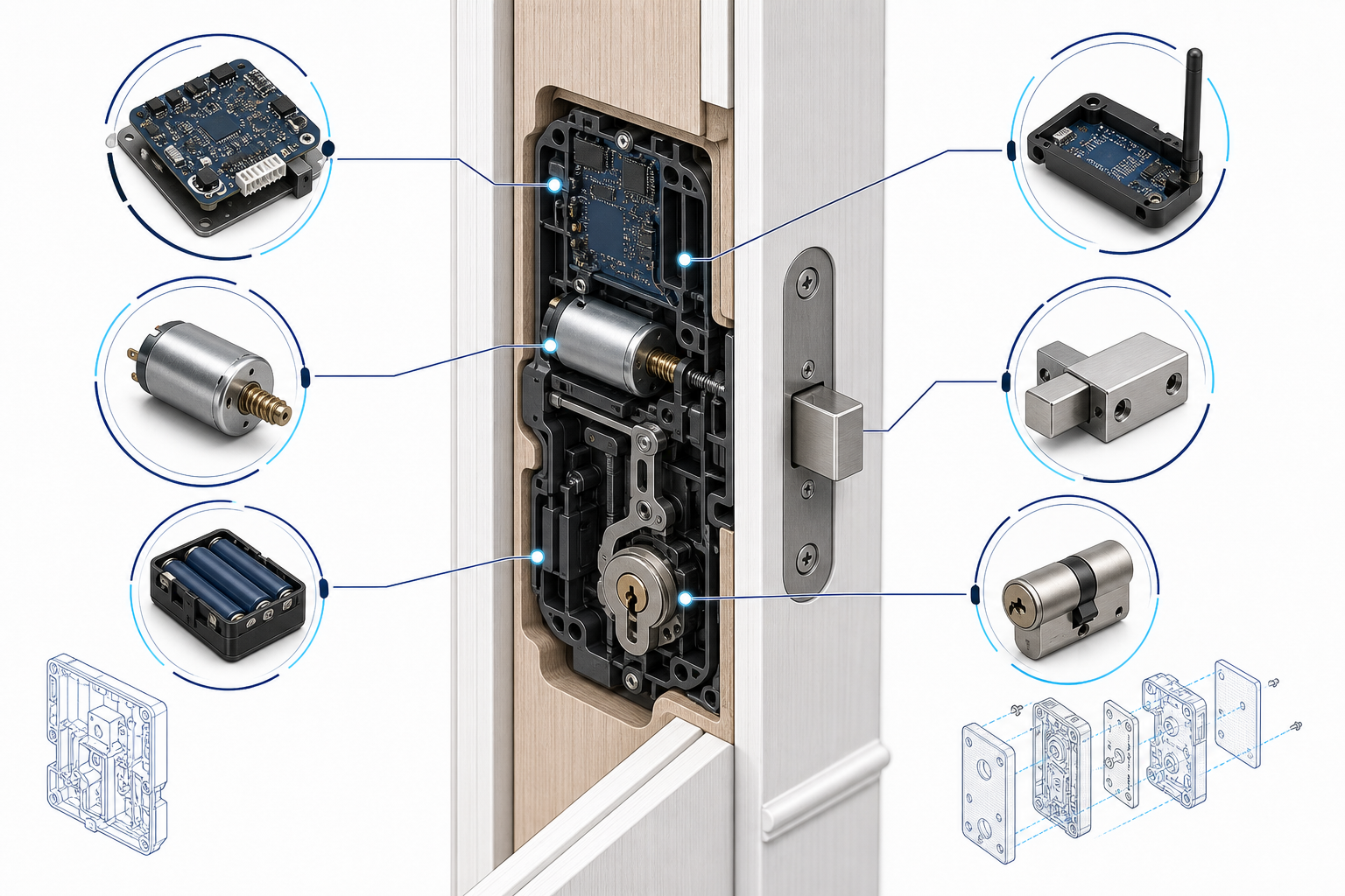 Architecture des modules de commande, moteur, piles et pêne d'une serrure intelligente invisible