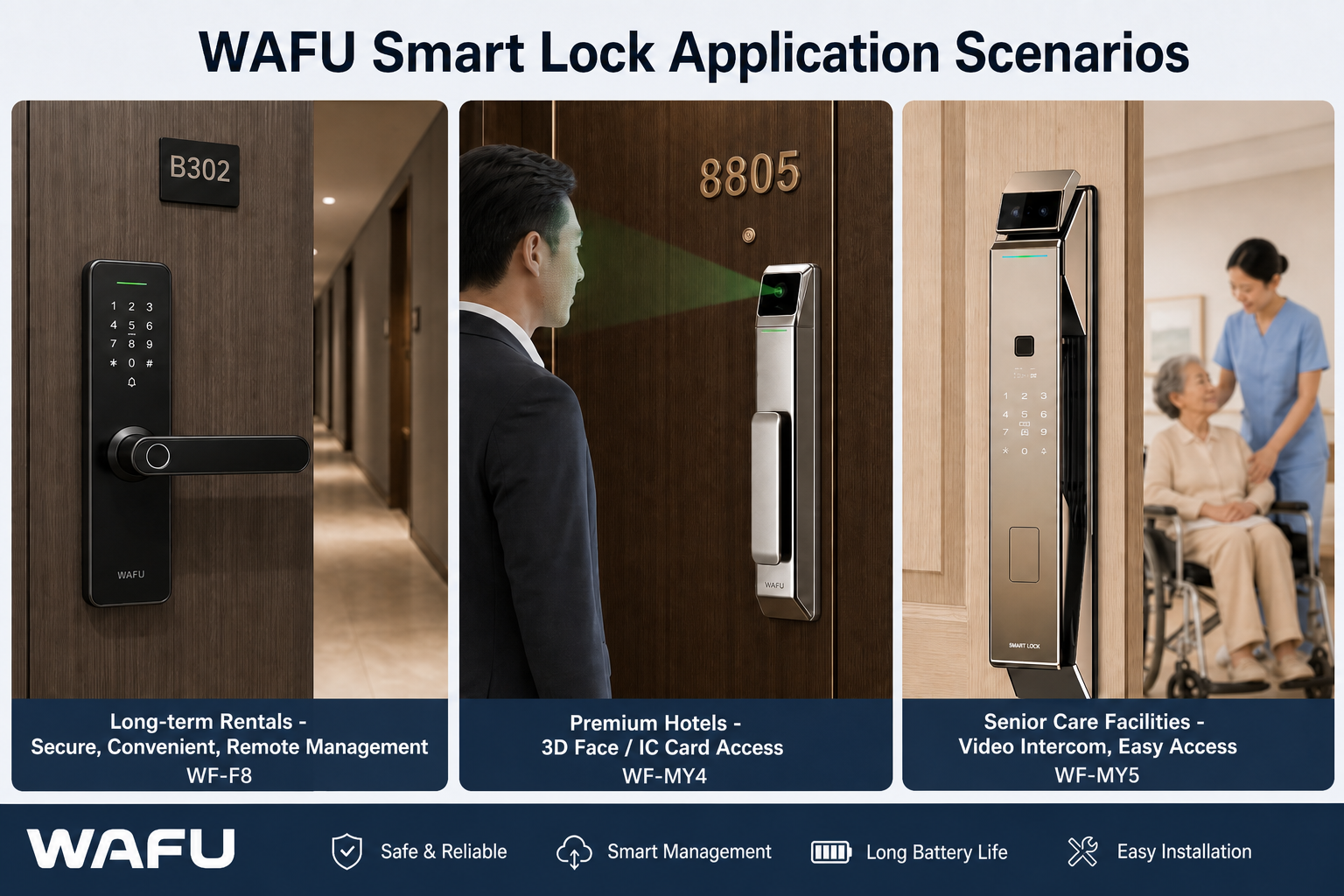 Scénarios d'application des serrures intelligentes WAFU : WF-F8 pour location d'appartements longue durée, WF-MY4 pour hôtel haut de gamme, WF-MY5 pour établissement de soins aux personnes âgées