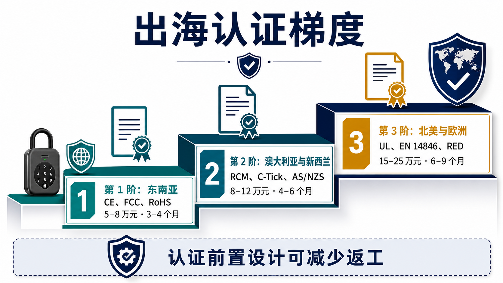 Gradient de certification export et coûts — SEA, ANZ, Amérique du Nord & Europe