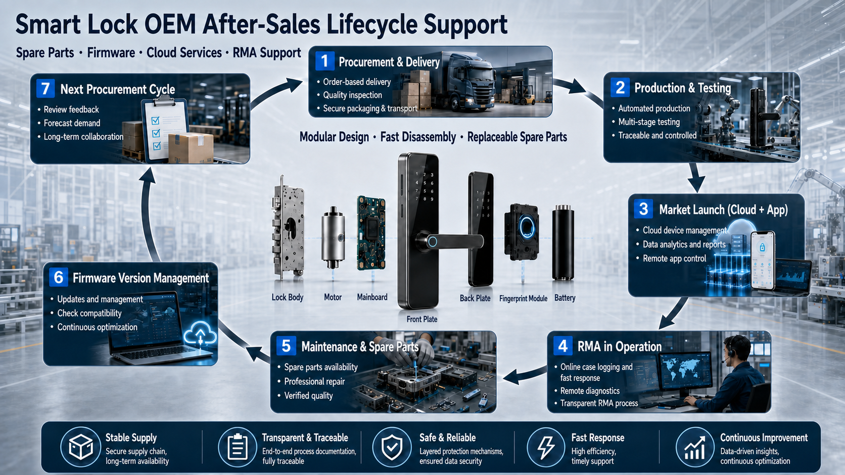 Cycle OEM de serrure intelligente de la livraison au RMA et à la version suivante