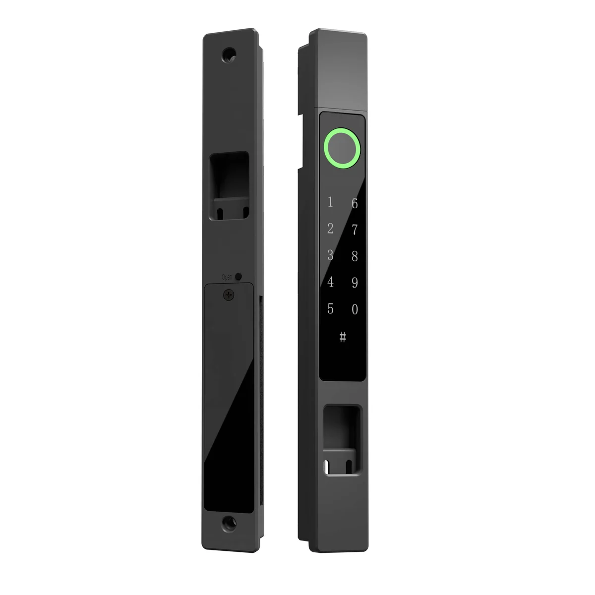Serrure connectée WAFU N1 pour porte coulissante, vues avant et arrière